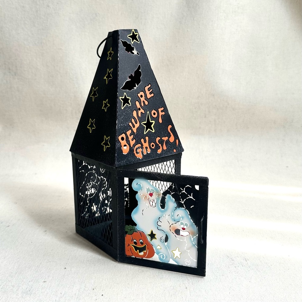 Vintage late 1990s Spooky Hollow Black 9” Metal Ghost Lantern